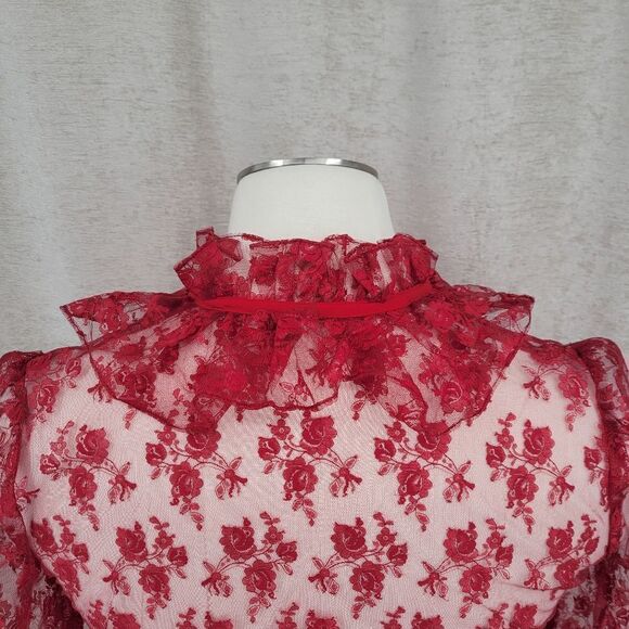 French Cherry Red See Through Lace Coquette Girl Long Sleeves Top Jacket - Picture 6 of 15
